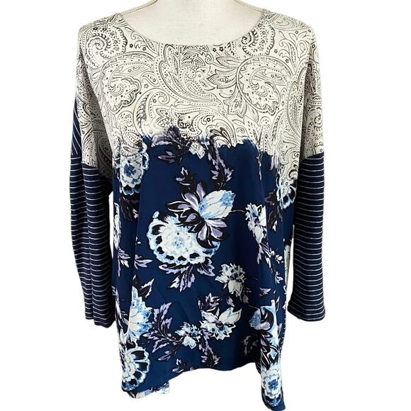 Chicos Size 3 US Large L Mixed Media 3/4 Dolman Sleeve Top Floral Striped FLAW - Picture 1 of 6